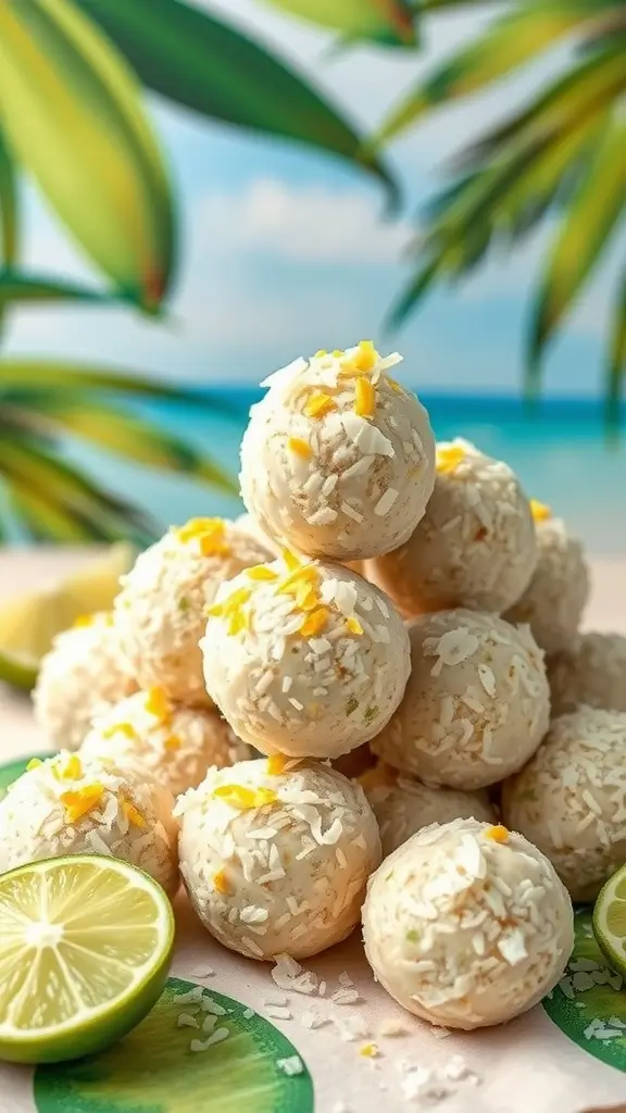 Coconut lime protein balls stacked with lime halves