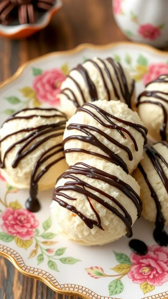 A plate of coconut macaroons drizzled with chocolate