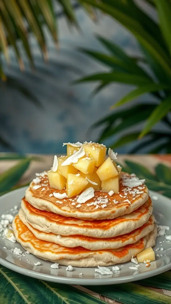 Stack of fluffy coconut pancakes topped with pineapple chunks and shredded coconut