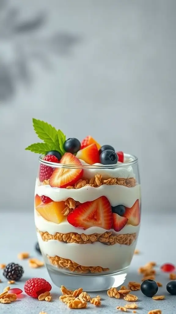 Coconut yogurt parfait layered with granola and fresh fruits in a glass