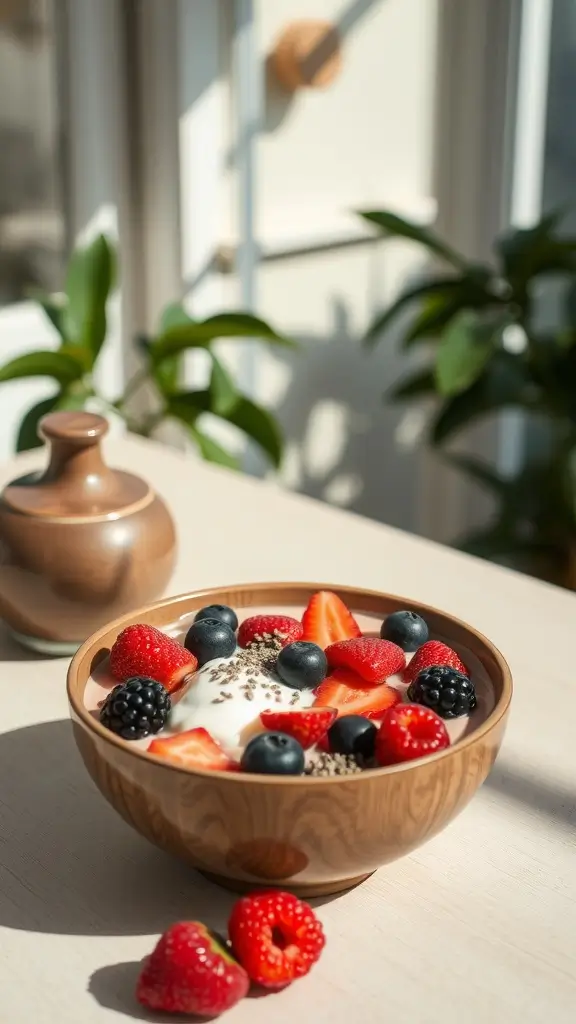 A bowl of coconut yogurt topped with fresh berries and seeds.