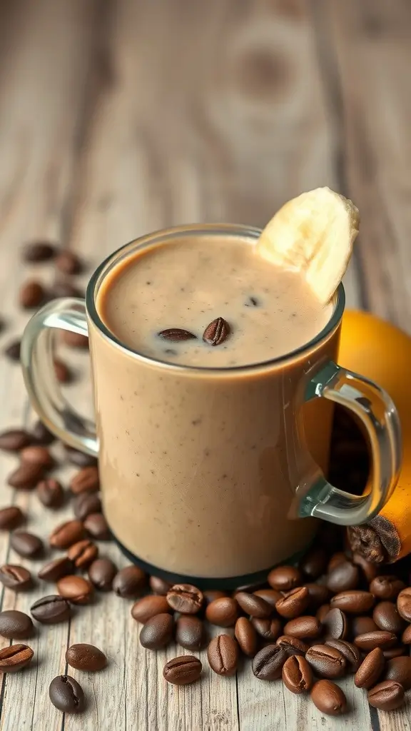 A creamy coffee banana smoothie served in a glass with banana slices and coffee beans.