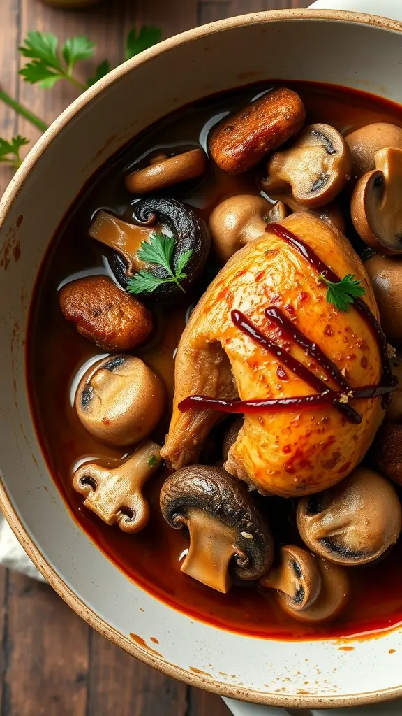 A delicious bowl of Coq au Vin, featuring chicken, mushrooms, and a rich red wine sauce - 18 Elegant French Chicken Breast Recipes for a Gourmet Dinner