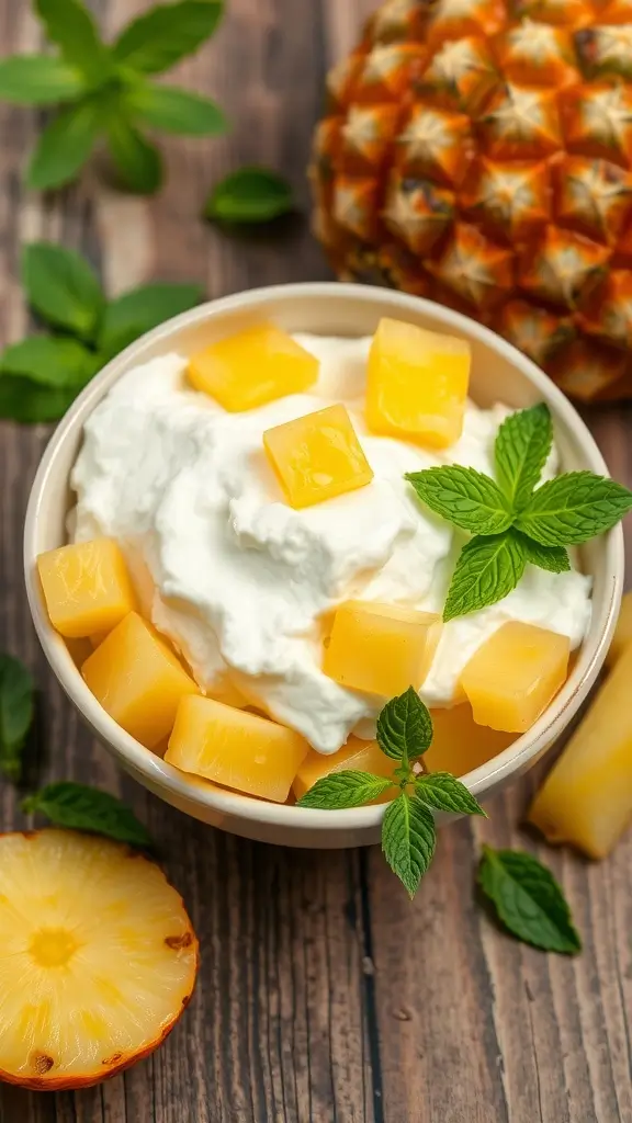 A bowl of cottage cheese topped with fresh pineapple and mint leaves.