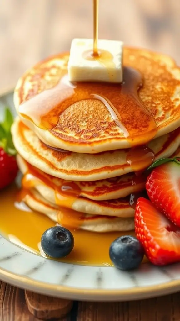Stack of cottage cheese pancakes with syrup and berries