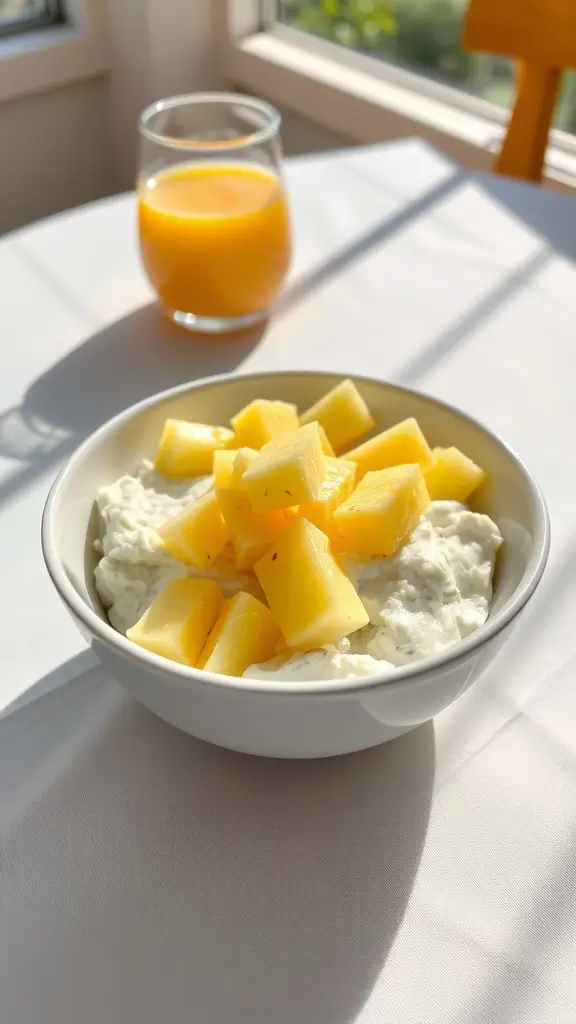 A bowl of cottage cheese topped with pineapple chunks, served with a pineapple in the background.