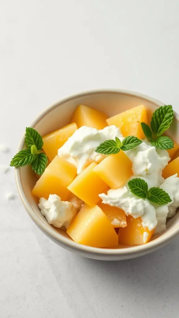 A bowl of cottage cheese topped with pineapple chunks and mint leaves.