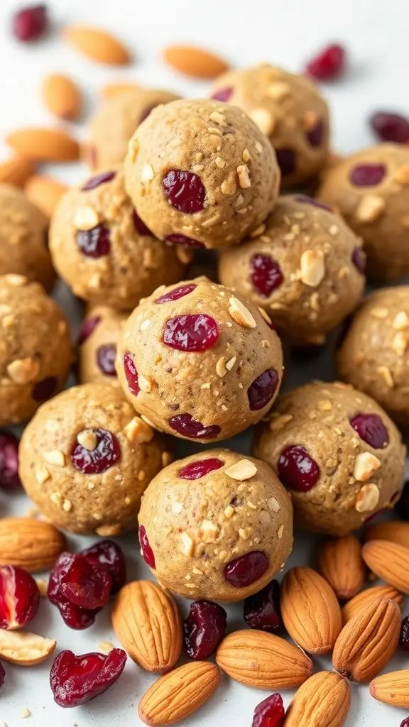 Cranberry Almond Protein Balls surrounded by almonds and dried cranberries