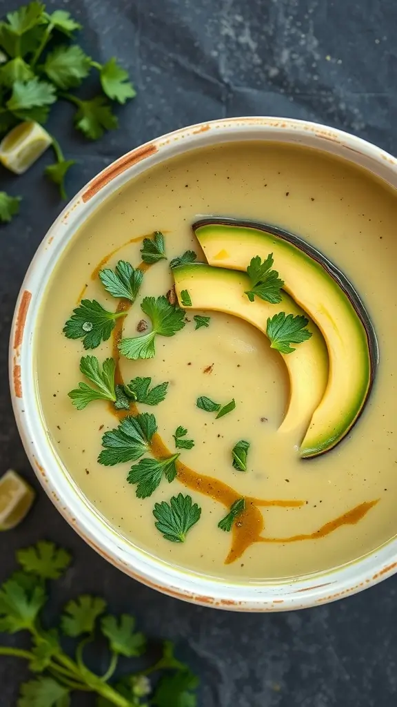 A bowl of creamy avocado and cilantro soup garnished with avocado slices and fresh cilantro