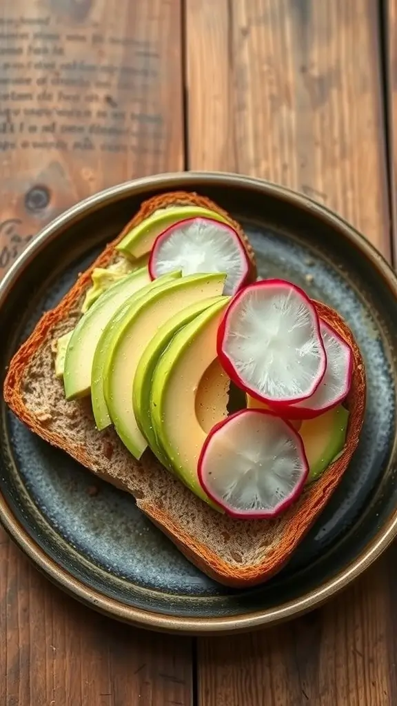 Creamy avocado toast topped with radishes on a plate