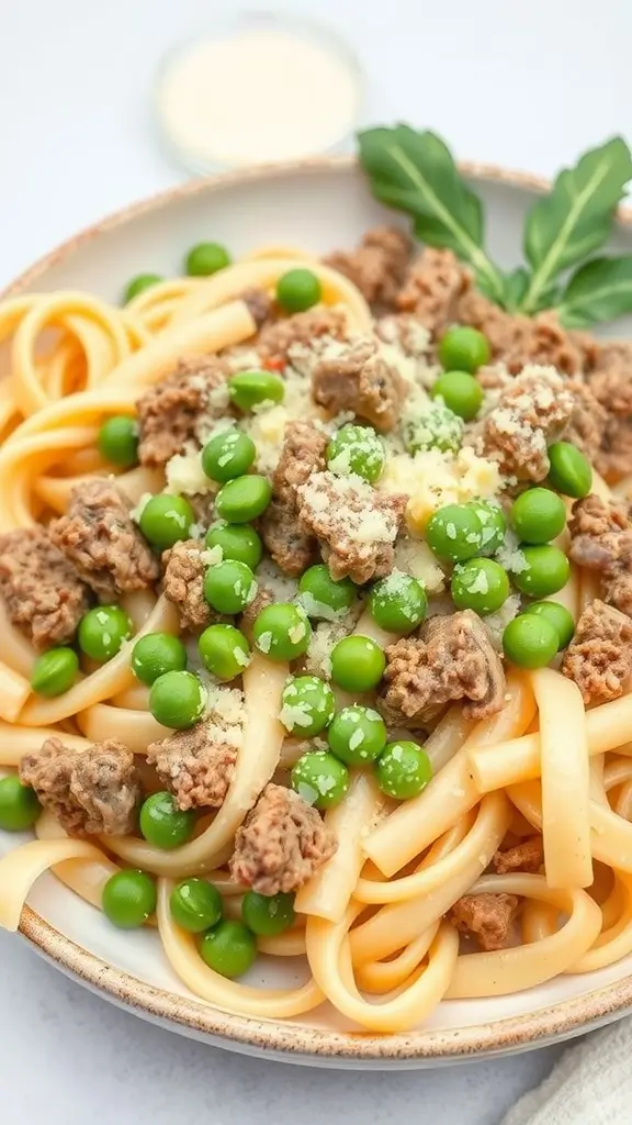 A plate of creamy fettuccine pasta topped with ground beef and green peas.