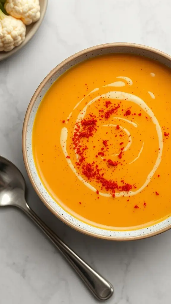 A bowl of creamy cauliflower and carrot soup garnished with paprika and a swirl of cream.