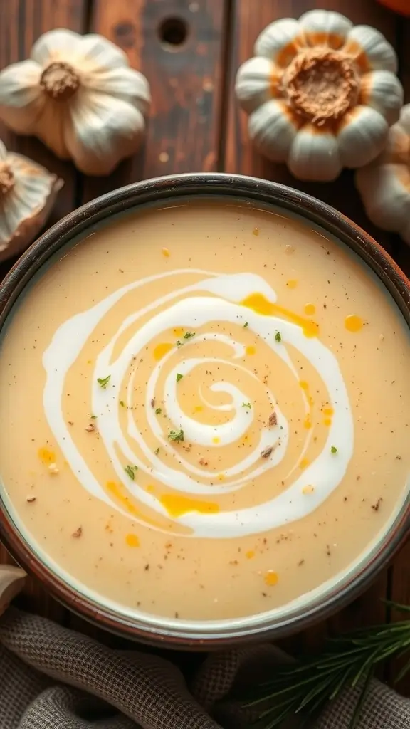 A creamy garlic and cheese soup garnished with herbs, served in a bowl.