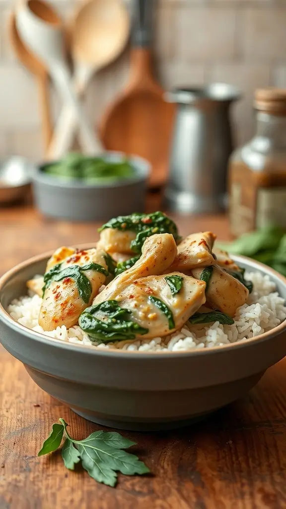 A delicious bowl of creamy garlic chicken with spinach served over rice.