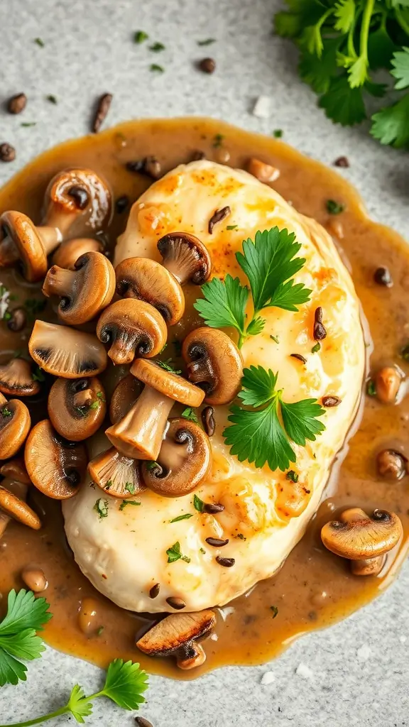 Creamy mushroom chicken breast garnished with fresh herbs.