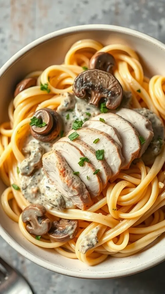 Creamy mushroom chicken pasta served in a bowl with sliced chicken and mushrooms on top.