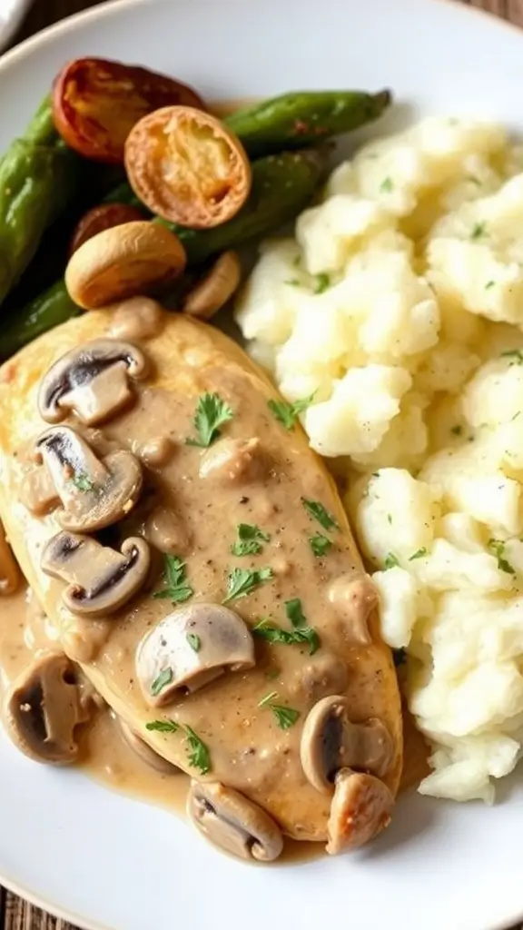 A delicious plate of creamy mushroom chicken served with buttery mashed potatoes and carrots.