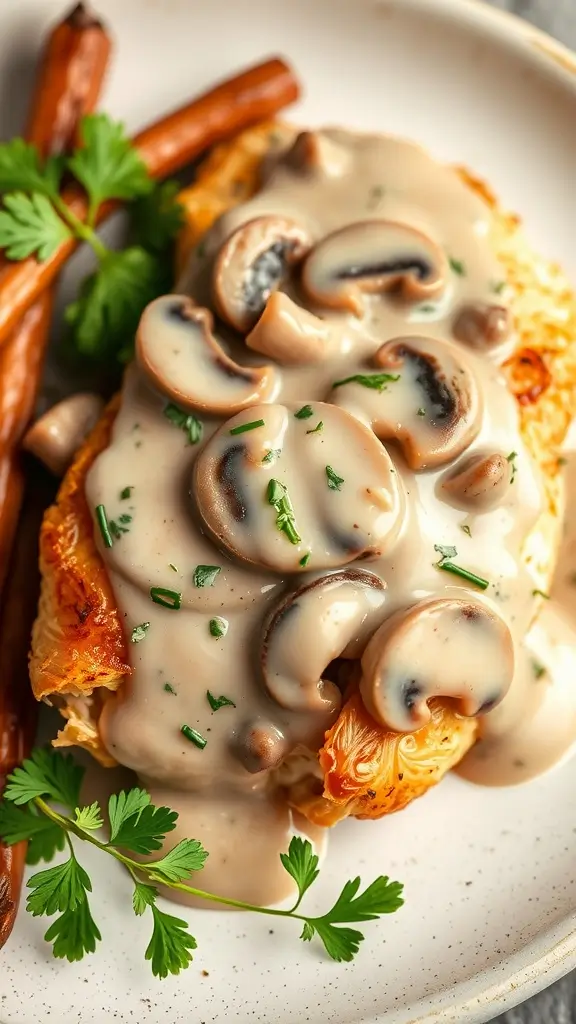 Creamy mushroom sauce chicken breast garnished with fresh parsley