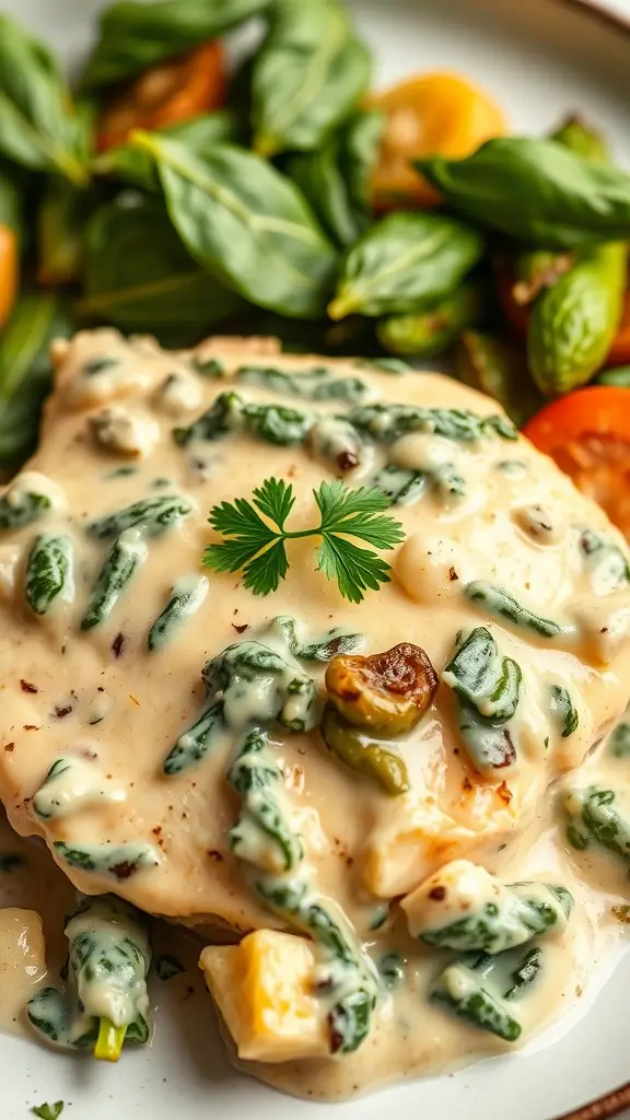 A plate of Creamy Spinach and Artichoke Chicken served with colorful vegetables.