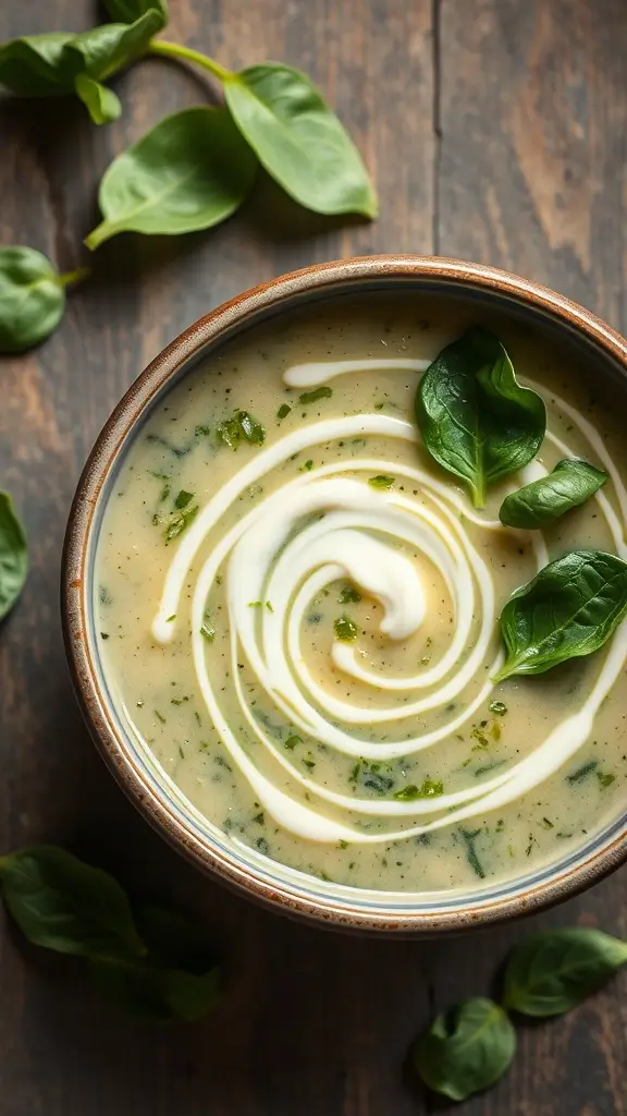 A bowl of creamy spinach and cheese soup garnished with fresh herbs.