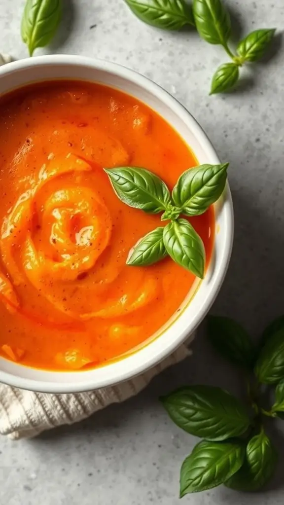 A bowl of creamy tomato basil soup garnished with fresh basil leaves.