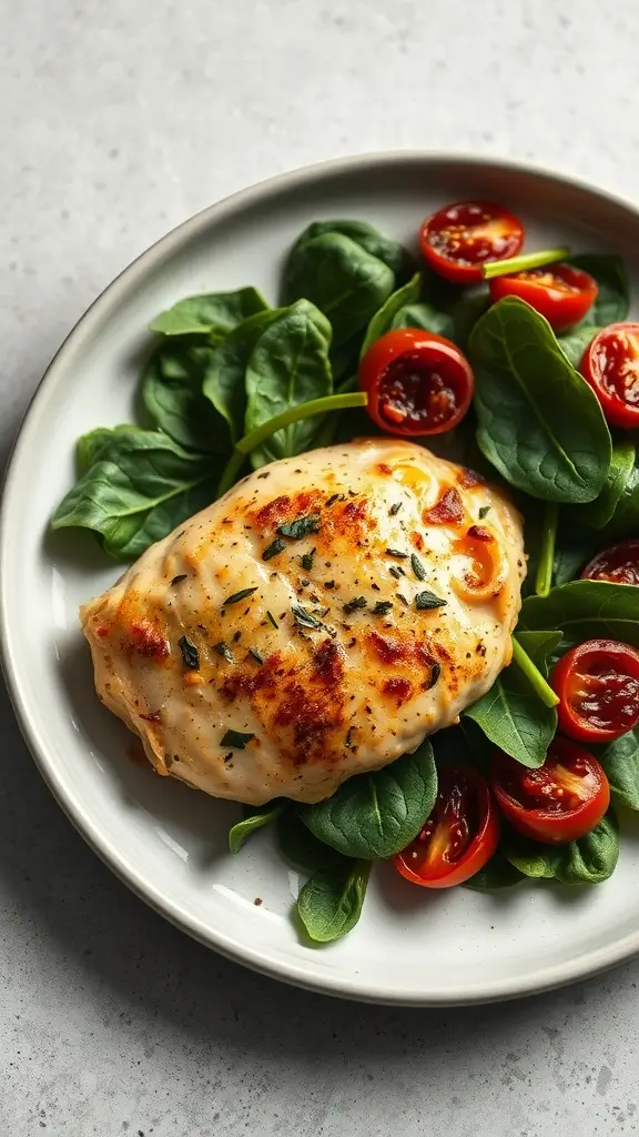 Creamy Tuscan Garlic Chicken served with spinach and cherry tomatoes.
