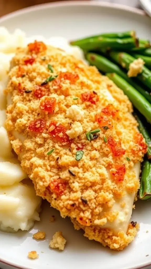 Crispy Parmesan Crusted Chicken Breast on a plate with mashed potatoes.