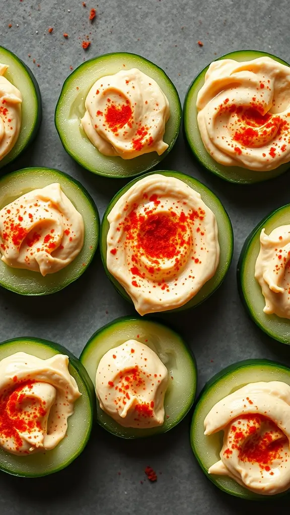Cucumber hummus bites topped with paprika