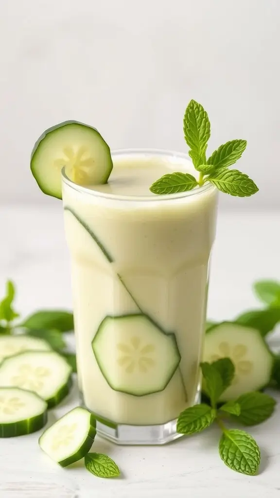 A refreshing cucumber mint smoothie garnished with mint leaves.