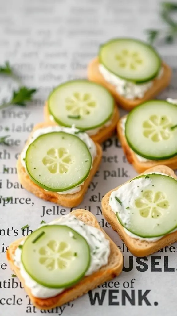 Cucumber sandwiches with cream cheese on small slices of bread.
