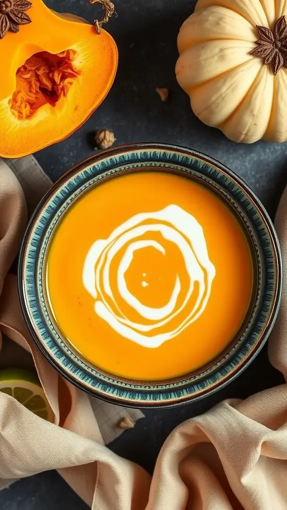 A bowl of creamy curried butternut squash soup garnished with a swirl of cream and fresh herbs.