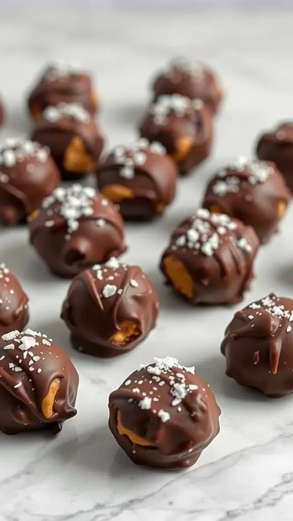 Dark Chocolate and Sea Salt Energy Balls on a marble surface