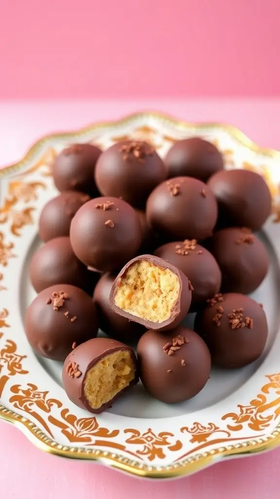 Dark chocolate dipped energy bites with creamy peanut butter filling.