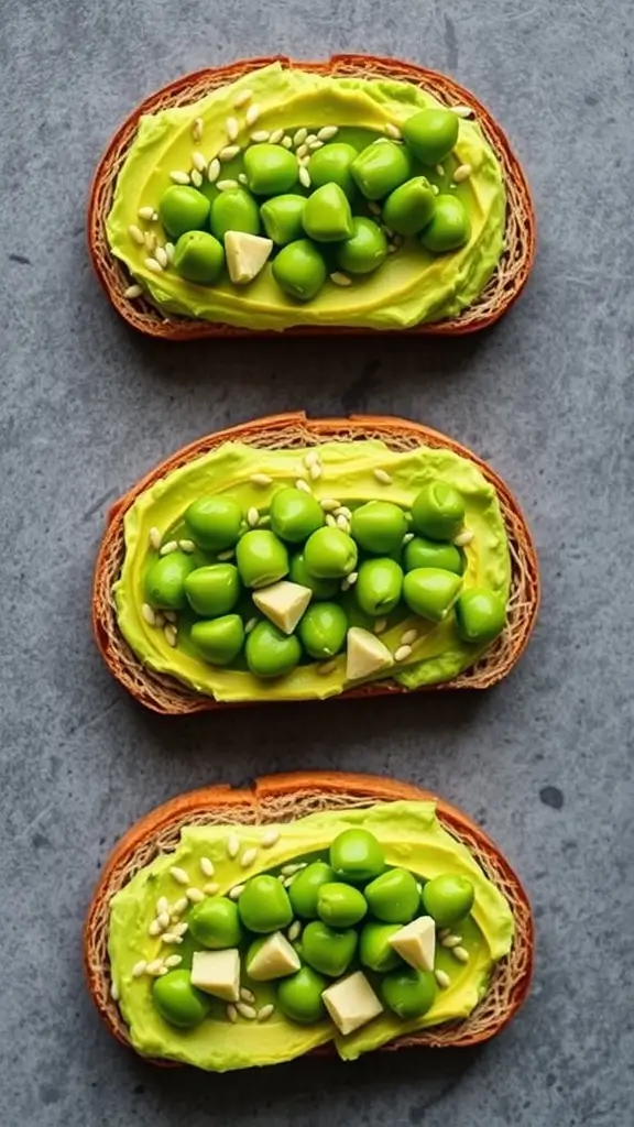 Edamame and avocado toast with sesame seeds on whole-grain bread.