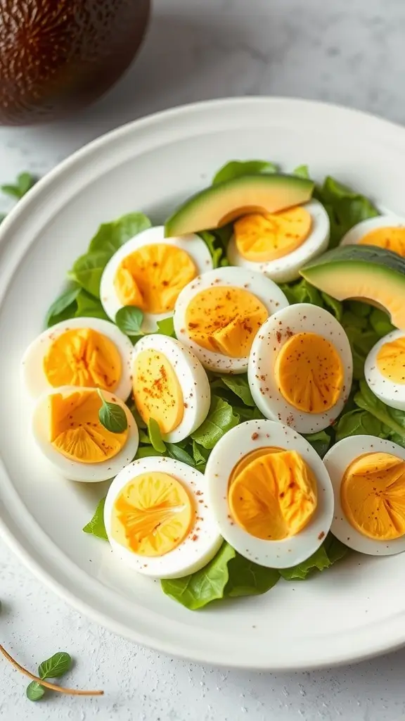 A colorful egg and avocado salad served on a plate with mixed greens.