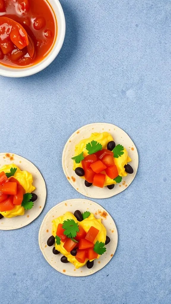 Egg and black bean breakfast tacos with diced tomatoes and cilantro