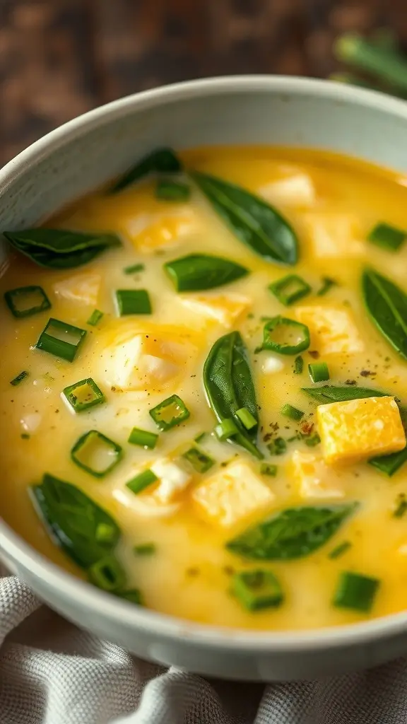 A bowl of egg drop soup with spinach and green onions