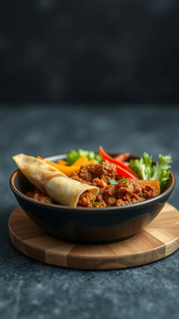 A bowl of Egg Roll in a Bowl with ground meat, vegetables, and a side of fresh greens.