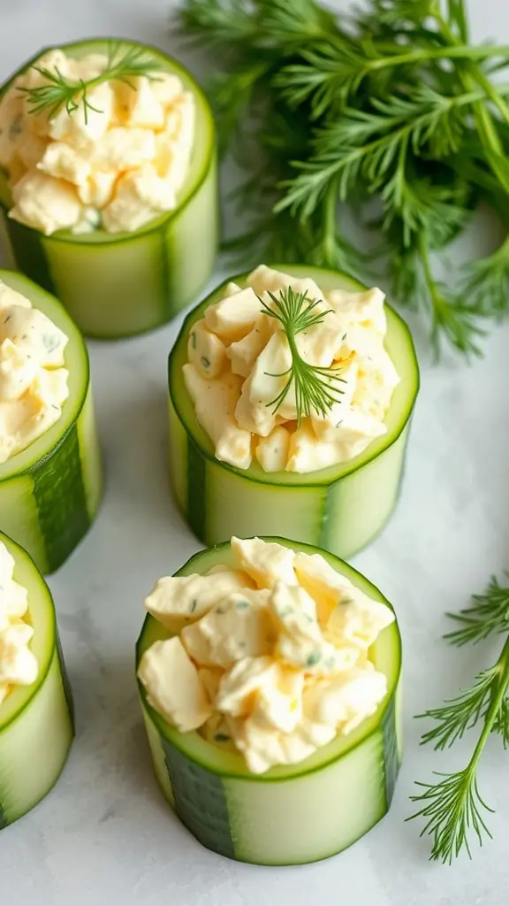 Egg salad cucumber cups garnished with dill on a marble surface.
