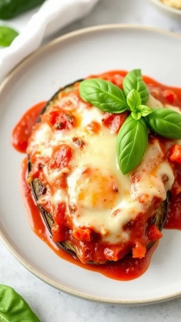 Eggplant Parmesan with cheese and basil on a plate