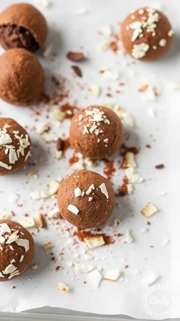 Chocolate and coconut energy bites on a white surface