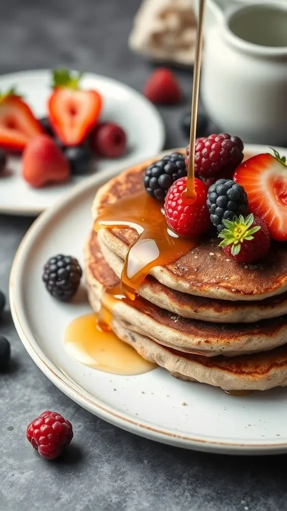 Flaxseed meal pancakes stacked high, topped with fresh berries and syrup.