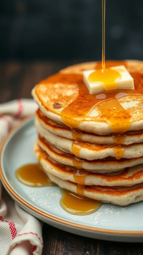 Fluffy pancakes stacked high with syrup and butter on top