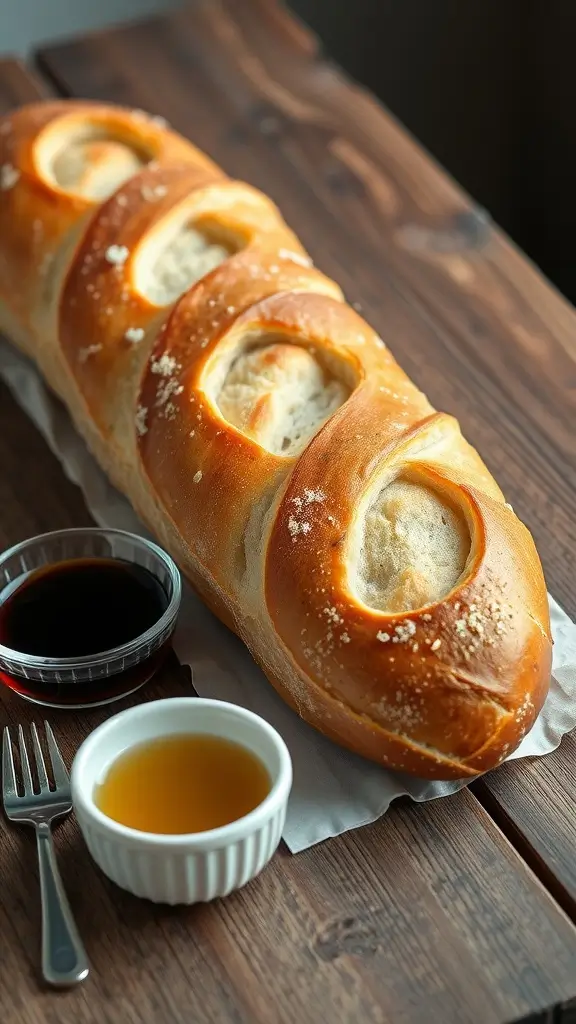 A freshly baked fluffy German baguette on a wooden table