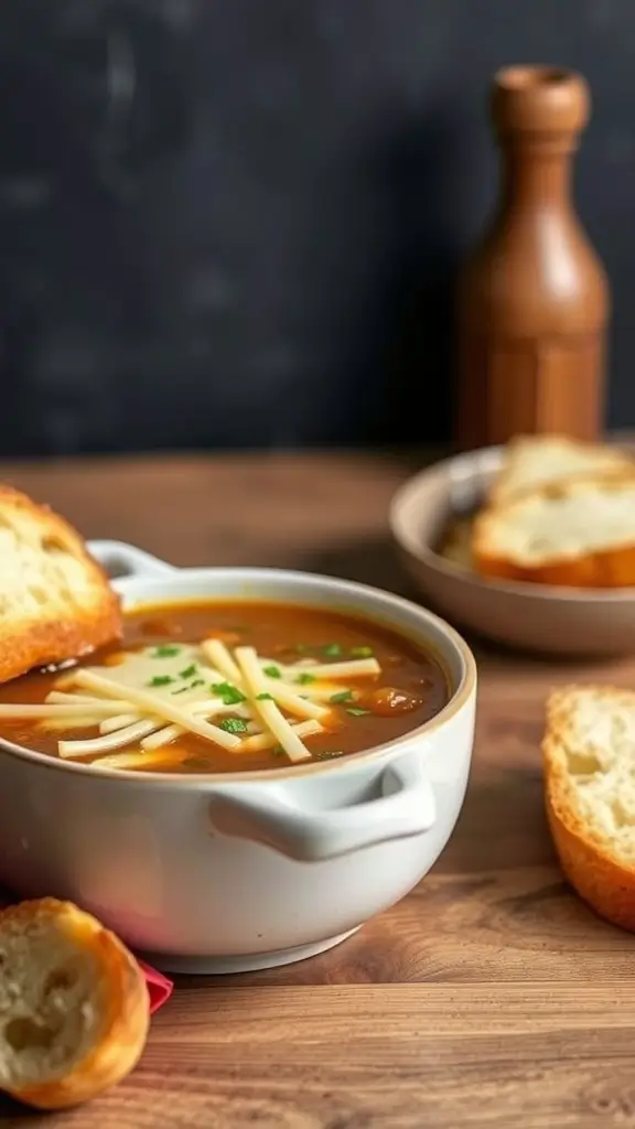 A warm bowl of French Onion Soup topped with melted Gruyere cheese and served with crusty bread.