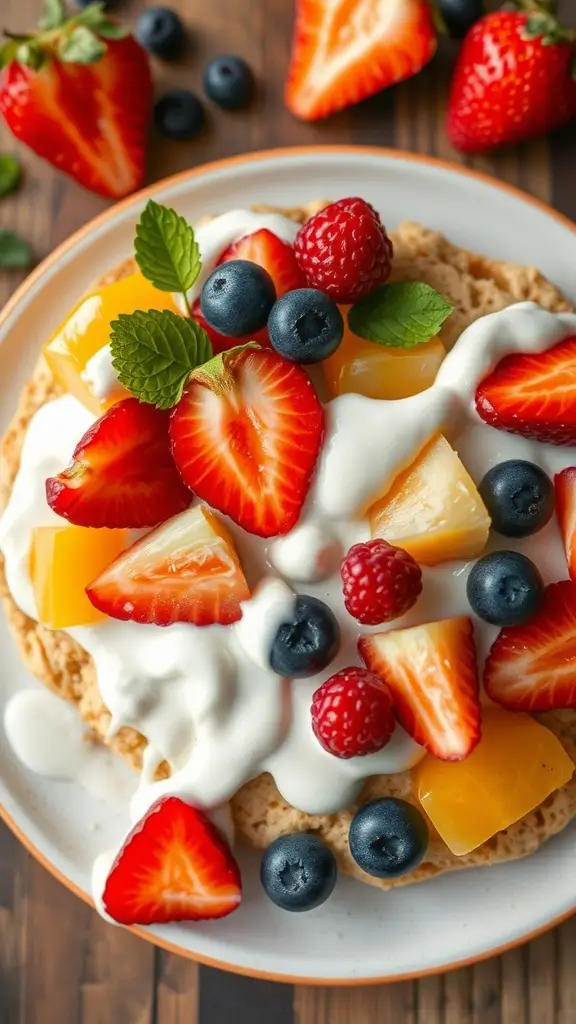 An artistic representation of a fruit-topped cloud bread featuring various colorful berries and fruits.