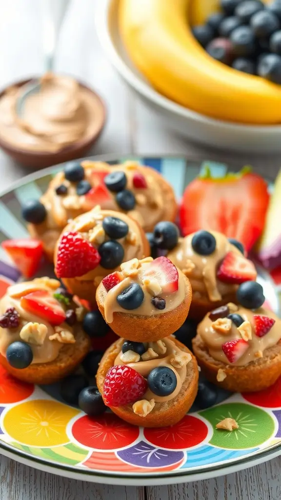 Peanut Butter Energy Bites on a colorful plate with fresh fruit toppings