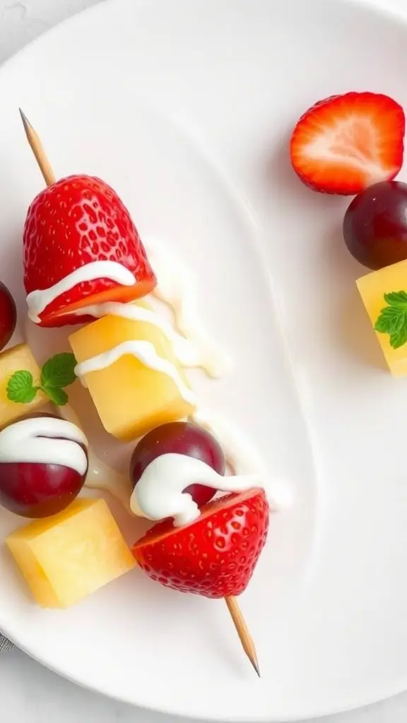 Fruit kabobs with strawberries, grapes, and melon drizzled with yogurt