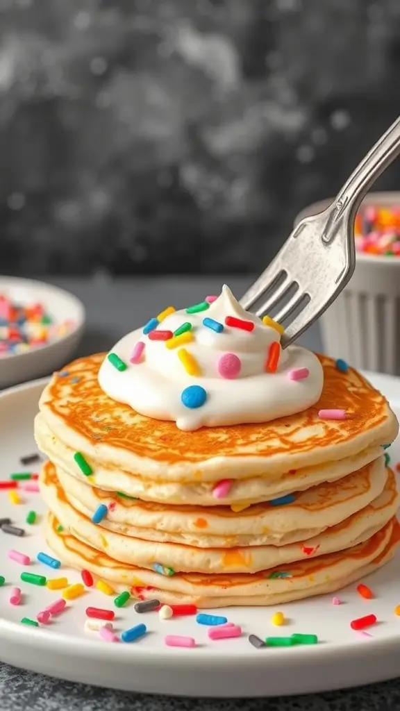 Fluffy funfetti pancakes topped with cream cheese frosting and colorful sprinkles.