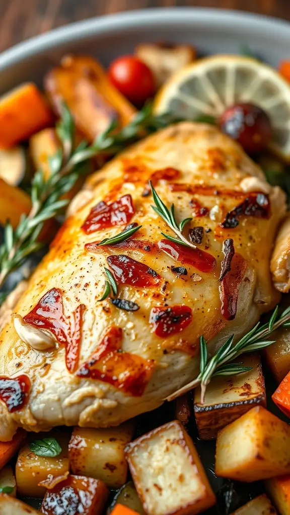 Garlic and Rosemary Roasted Chicken served with colorful vegetables